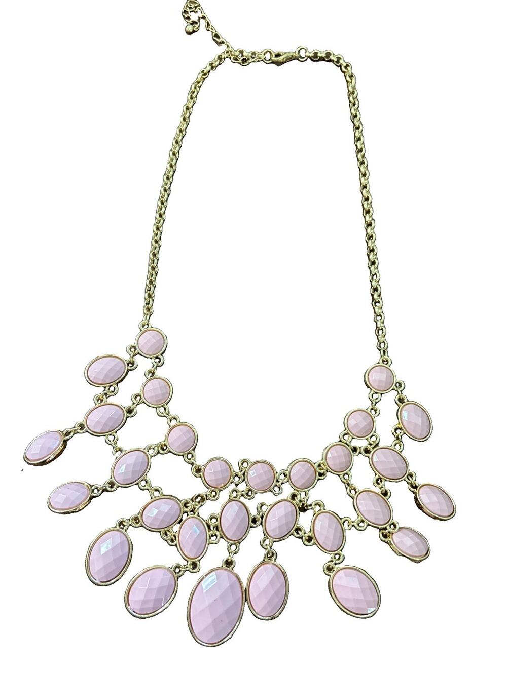 Goldtone Pink & Gray Bib Necklace Reversible Statement Adjustable Faceted
